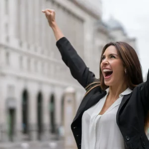 Mujer profesional celebrando el éxito en su entrevista de trabajo, en su reinvención profesional después de los 40