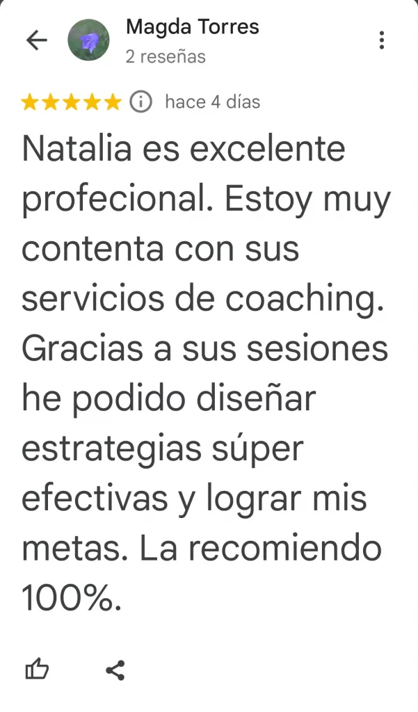 Testimonio en Google sobre Natalia Derevnin Coaching: estrategias efectivas para lograr metas profesionales.