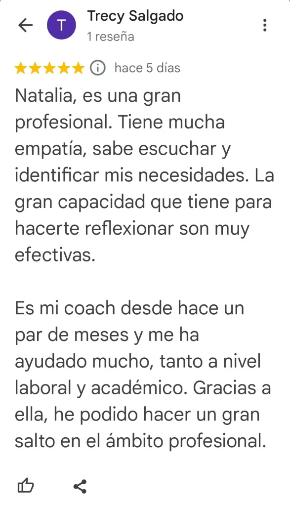 Opinión en Google My Business sobre Natalia Derevnin: coaching con empatía y reflexión para crecimiento laboral y académico.