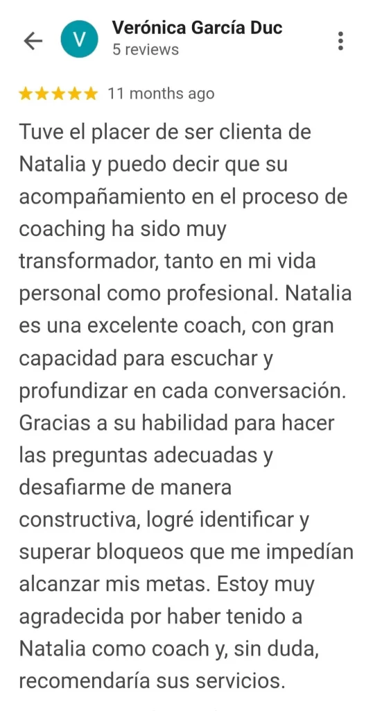 Valoración en Google My Business: coaching transformador con Natalia Derevnin para superar bloqueos y alcanzar metas profesionales.